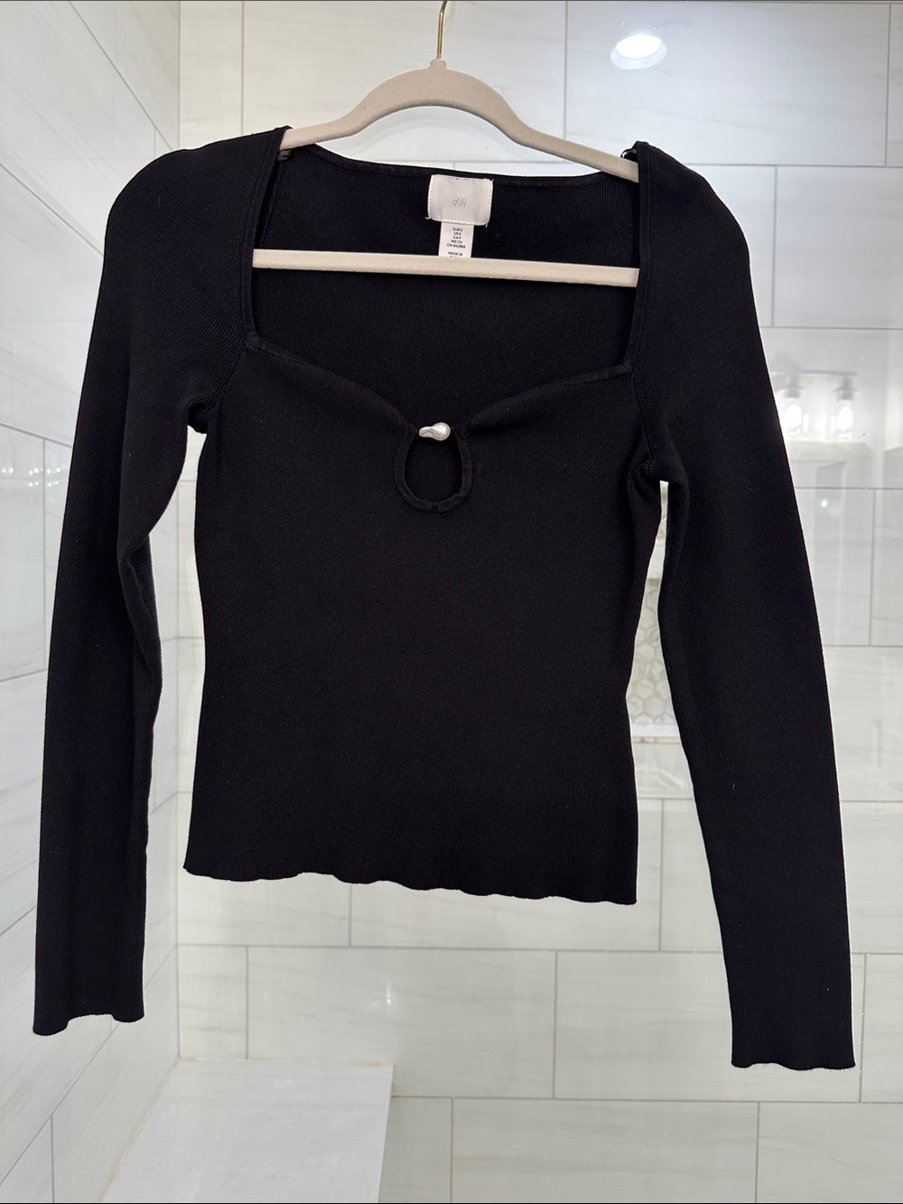 H&M Black Long Sleeve Ribbed Top with Keyhole Pearl Detail